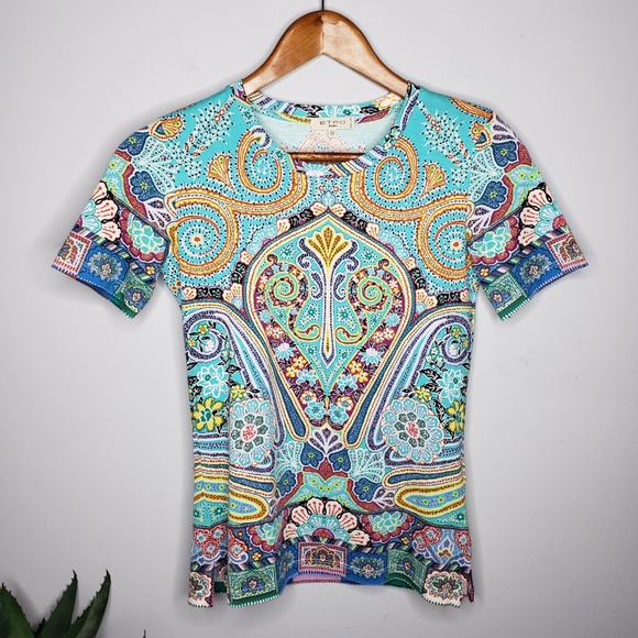 Etro Tops - Etro Short-Sleeve Placed Paisley Tee, Blue